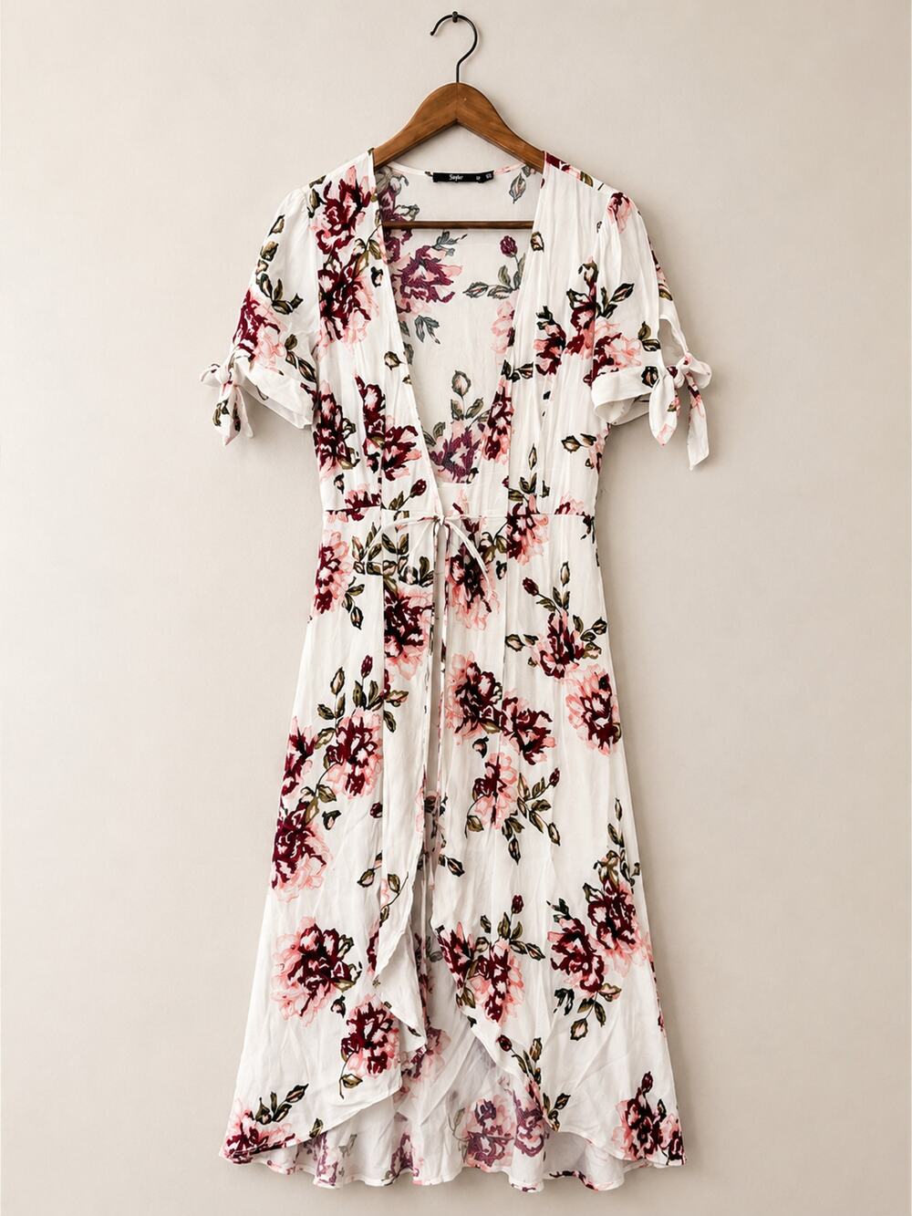 Cottagecore Floral Wrap MidiDress Size 10 Tie Sleeve High Low Boho Prairie